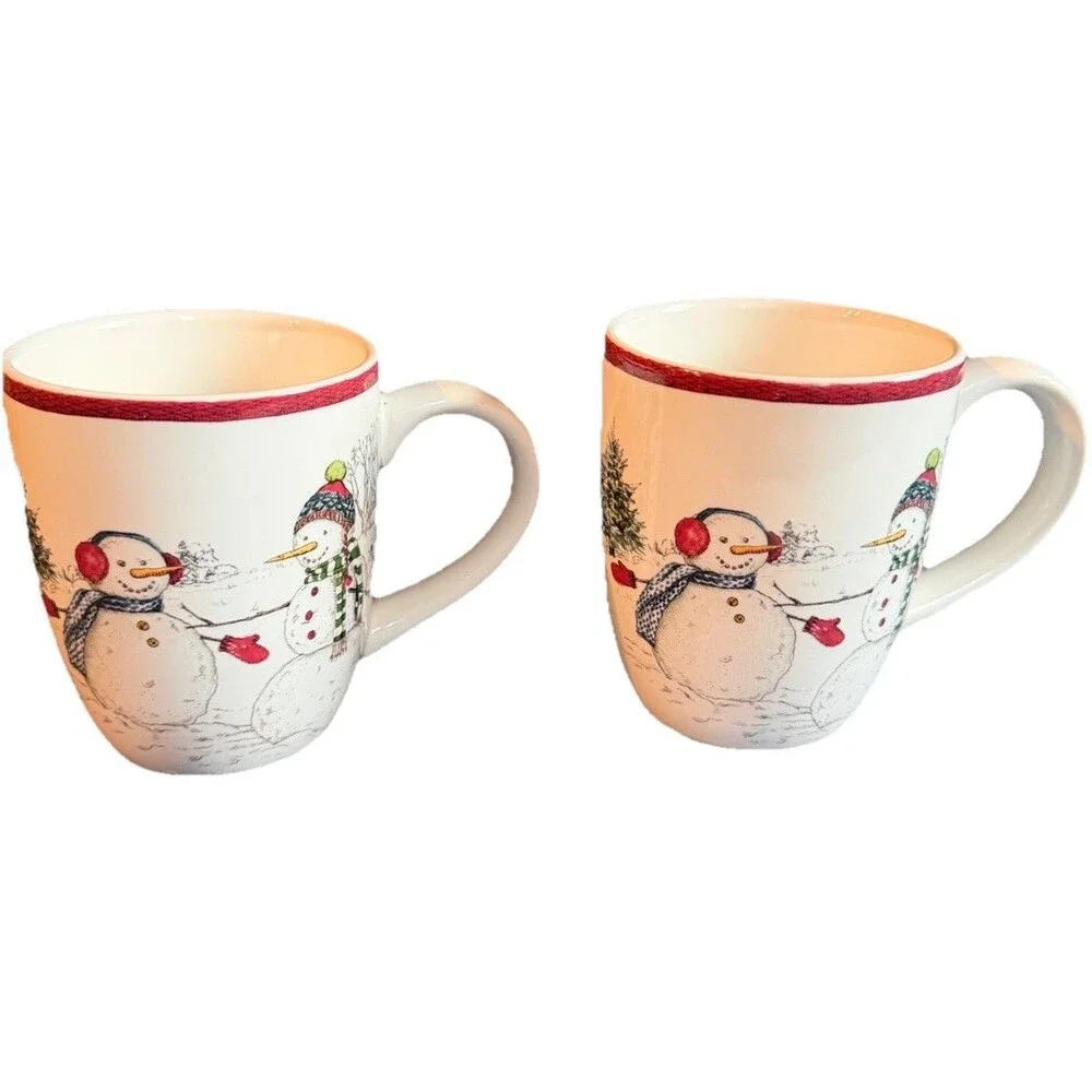 Williams Sonoma Snowman Winter Coffee Mugs 14oz RARE 2004 Set Of 2